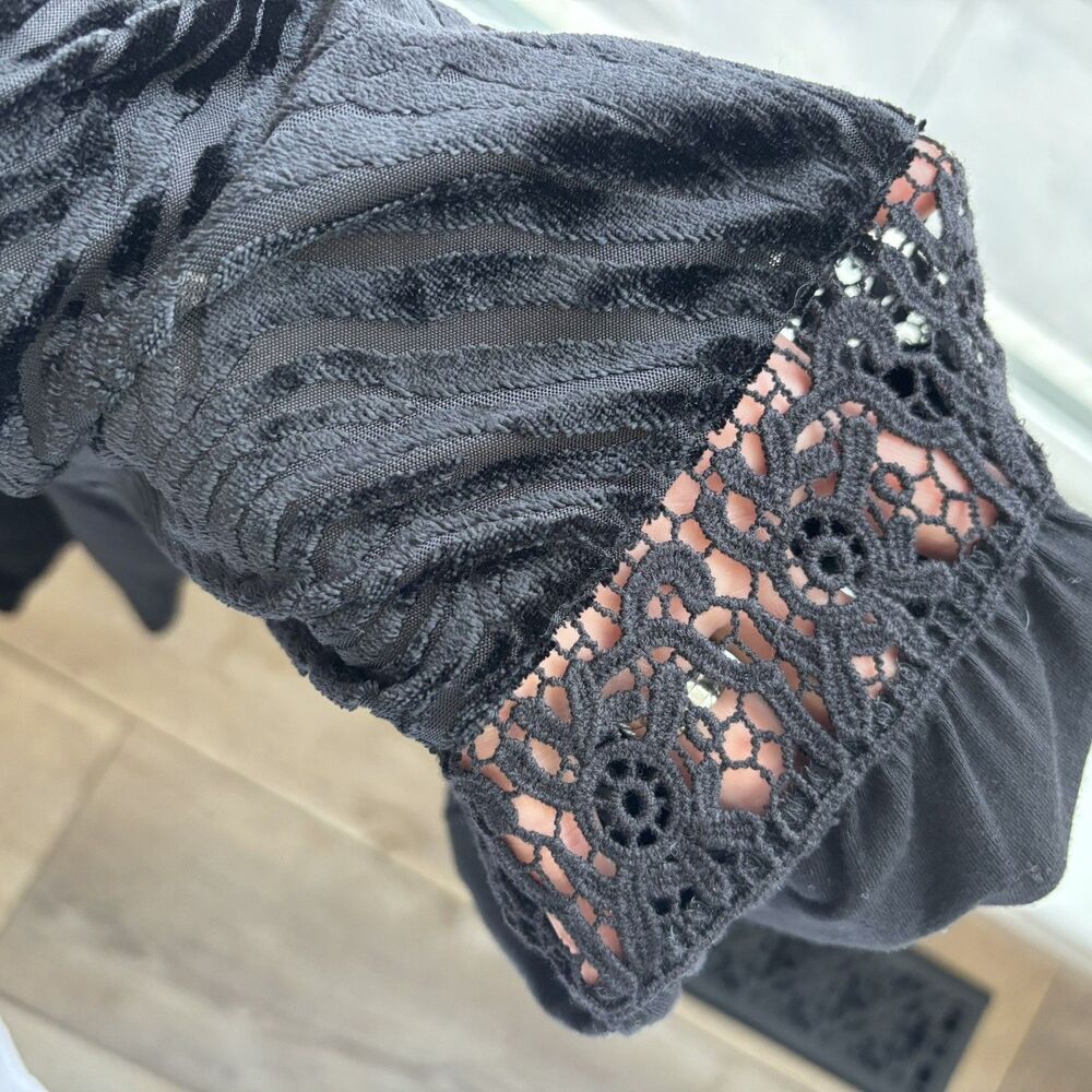 Womens Fairy Grunge Top Size L Whimsigoth Velvet Burnout Black Witchy Crochet - Picture 12 of 15